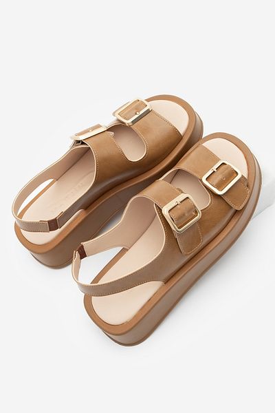 Marjin Women's Double Banded Buckle Thick Sole Back Elastic Casual Sandals Nolte Camel
