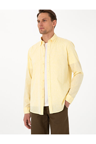 Pierre Cardin Sarı Keten Karışımlı Regular Fit Uzun Kollu Gömlek 50303245-VR044