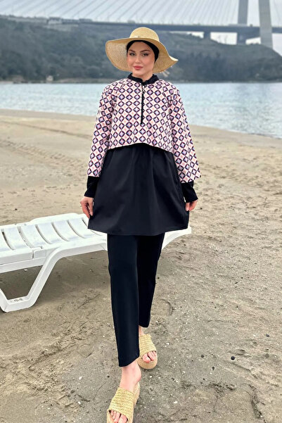 Ladima Kadın Pudra Oval Kare Desenli Beli Ayarlanabilir 3 Parça Tesettür Mayo...