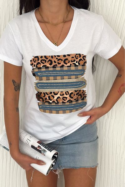 FEMELLE Tricou alb pentru femei, cu decolteu în V, cu paiete, brodat, 100% bumbac