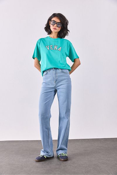 VENA Jeans Printed Crew Neck Regular Fit T-Shirt - Turquoise