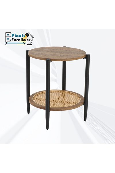 PixelsFurniture Pixel Furniture 2 Tier Round Side Coffee Table with Wood Top, Rattan Bottom Shelf and Metal Ends