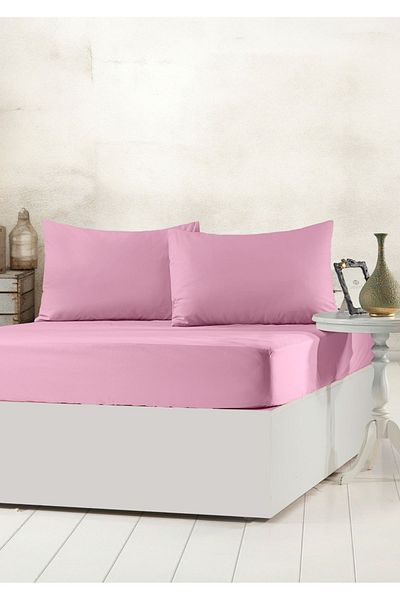 Sivalde 100% Cotton Ranforce Double Fitted Pink Pillowcase Elastic Sheet Set