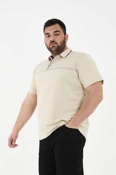 Maccali Men's Patterned Basic Large Size Short Sleeve Oversize Polo Neck T-Shirt Cream