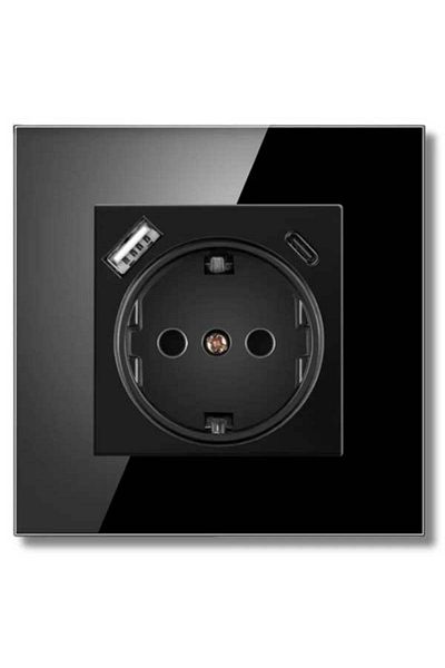 CLASSLIGHTS Priză cu ramă din sticlă securizată, porturi USB-A și USB-C, 16A, negru