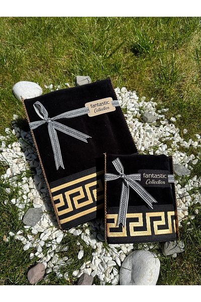 Fantastic Collection Special Velvet Gift Towel Set with Border Embroidered Greek Key Pattern