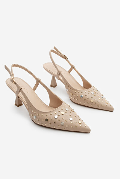 Marjin Women's Stiletto Shoes - Pointed Toe Studded Taki Open Back Heels Rofen Beige