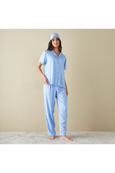 FAV All-Over Floral Print Shirt with Pyjama and Eyemask
