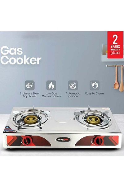 Olsenmark Double Burner Stainless Steel Gas Cooker With Auto-ignition, Brass Burner Caps, Enamel Grates