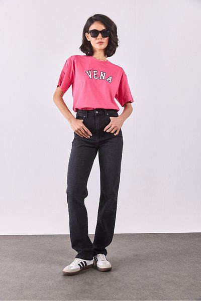 VENA Jeans Printed Crew Neck Regular Fit T-Shirt - Fuchia