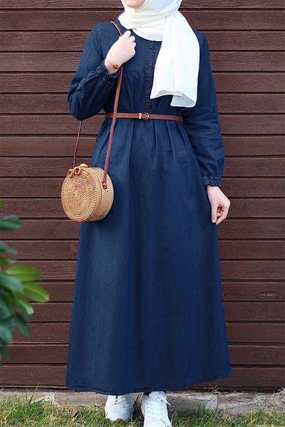 InStyle Rochie din denim cu halat și plachetă - Albastru