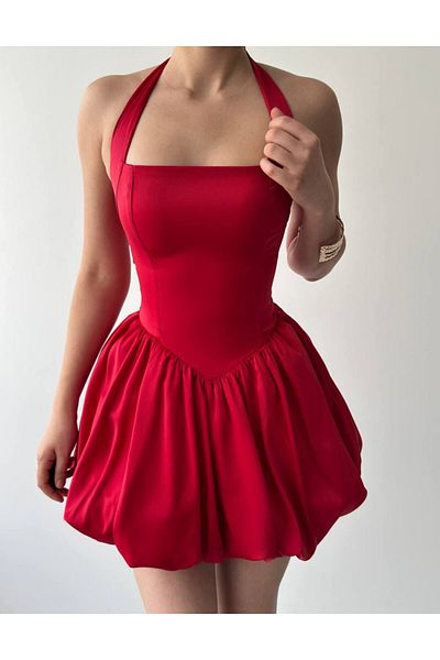 LİSAA BUTİK Red Mini Satin Designer Dress