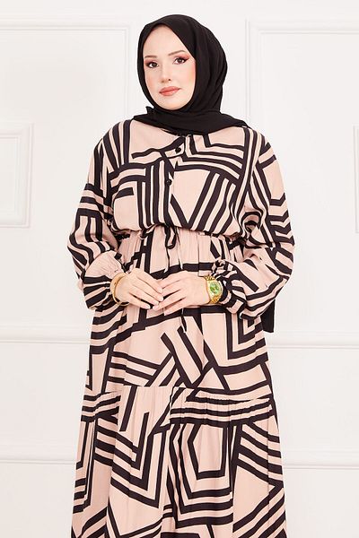 EBRUTESETTÜR Half Buttoned Lace up Waist Hijab Dress