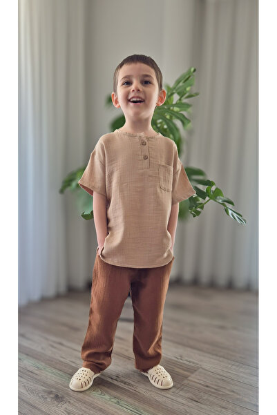 BALKABAĞI Bitter Brown Muslin Shirt and Pants Set - 2-8 Years Mtye0059
