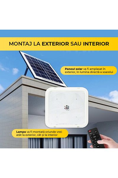 CLASSLIGHTS Aplica LED de 100W cu panou solar, interior/exterior, lampă de tavan pătrată, lumină rece/caldă