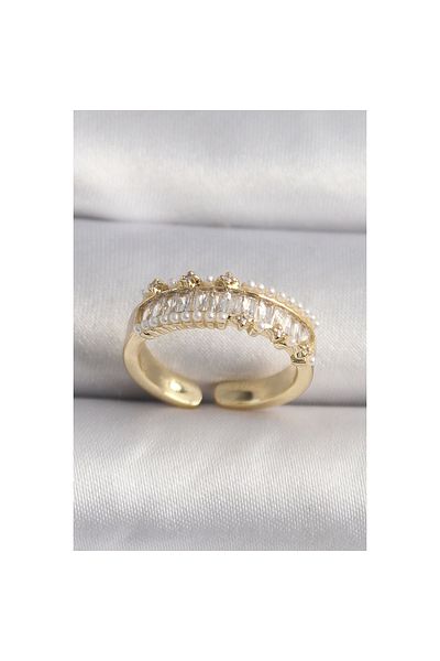 Marsilyan Brass Gold Color Zircon Stone Pearl Detail Vip Series Women's Ring - Tj-Byk3520