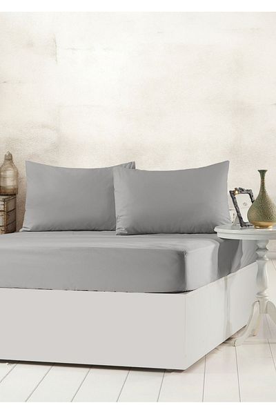 Sivalde 100% Cotton Ranforce Double Fitted Gray Pillowcase Fitted Sheet Set