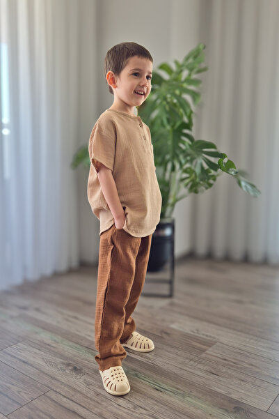 BALKABAĞI Bitter Brown Muslin Shirt and Pants Set - 2-8 Years Mtye0059