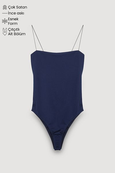 Quzu Navy Blue Thin Strap Snap Bodysuit