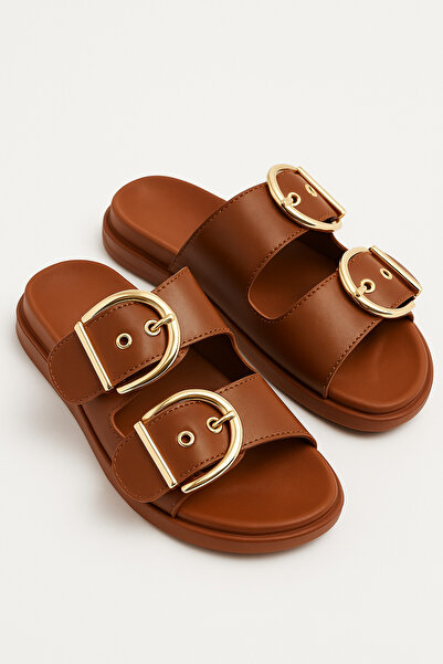 StWenn Gold Buckle Detailed Comfortable Thick Sole Summer Women's Slippers Stylish and Comfortable