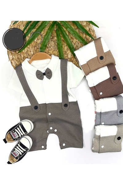 Tech Gross 3-6-9-12 Months Bow Tie Detailed Striped Salopet Look Baby Boy Jumpsuit
