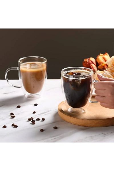 OEM Coffee mug, double-walled, 350 ml, transparent, dimensions: 5 x 11.6 x 7.5 cm