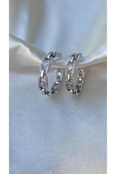 H&S AKSESUAR Stoned Mes Silver Open Hoop Earrings