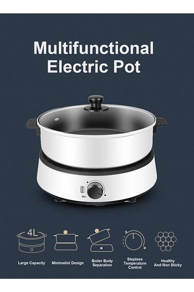 FlashHawk Multi-Functional Electric Hot Pot for Fry/Boil/Suffocate, 1350W, 4L Tempered Glass Lid TKM-001