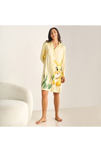 FAV Bunny Print Sleepshirt with Camp Collar and Long Sleeves