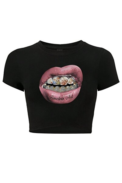 BRZ COLLECTION Kadın Timeless Art Crop T-shirt Siyah