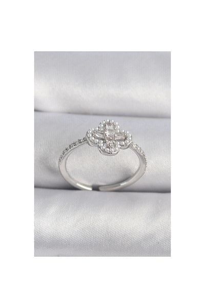 Marsilyan Brass Silver Color Zircon Stone Clover Model Pearl Detail Women's Ring - Tj-Byk3493