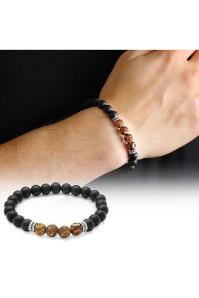 Tesbihane Globe Cut Onyx-tibet Agate Combination Natural Stone Bracelet