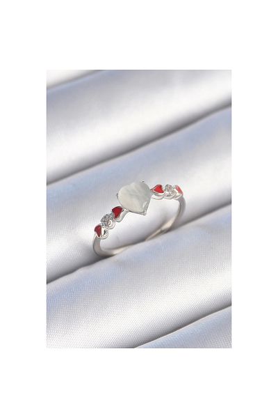 Marsilyan Brass Silver Color White Enamel Heart Model Zircon Stone Detailed Women's Ring - Tj-Byk3459