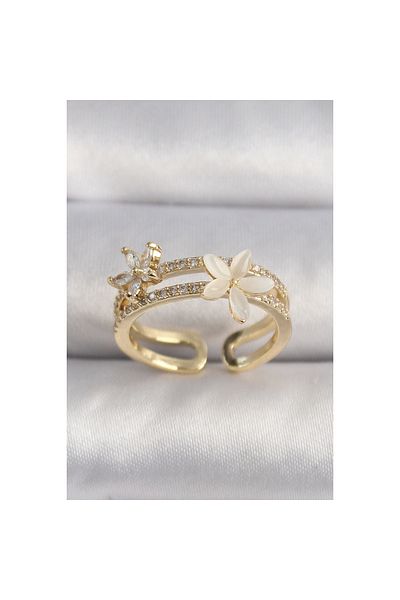 Marsilyan Brass Gold Color Zircon Stone Flower Model Vip Series Women's Ring - Tj-Byk3514