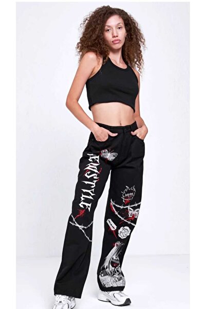 NÜANS MODA جينز واسع الساق مطبوع