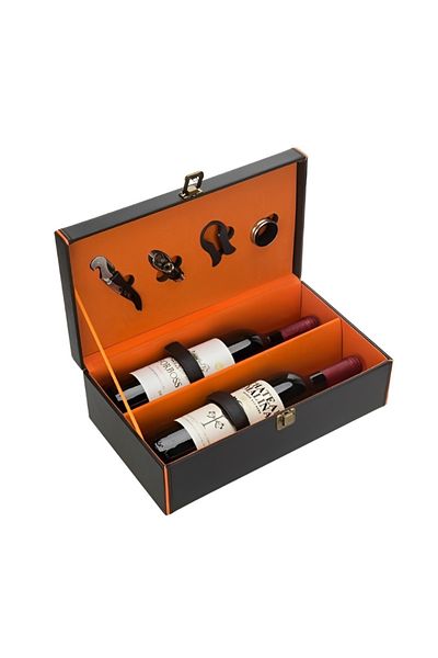 OEM Deluxe Wine Box Set, Mindblower, for 2 bottles, with wine accessories included, orange interior