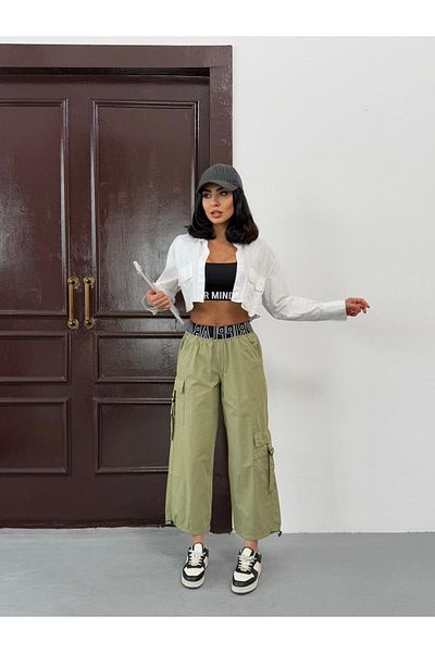 Zeo Basic Parachute Fabric Waist and Leg Elastic Detail Cargo Pants