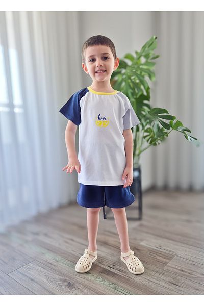 BALKABAĞI Fresh Gray - Navy Blue Raglan Sleeve Boy's 100% Cotton 2-Piece Summer Suit (2-8 Years) Mtye0058