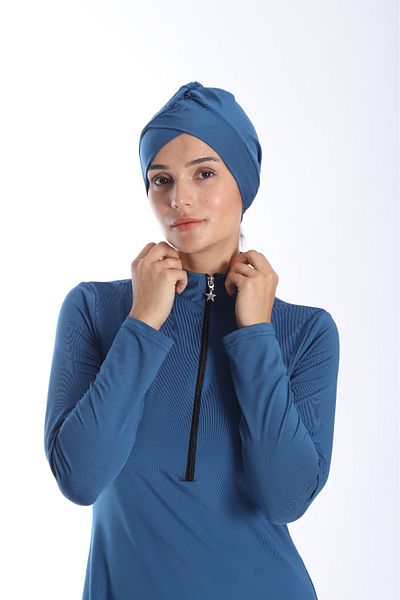 Lio20 Women's Long Sleeve Zippered Petrol Green Hijab Swimsuit 38-44
