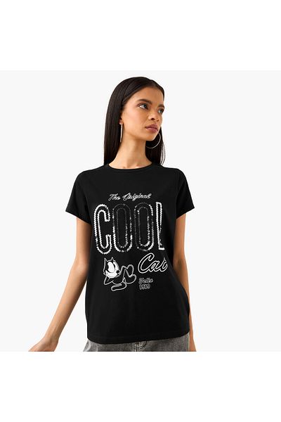 SP Characters Felix the Cat Embellished T-shirt with Crew Neck