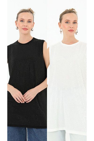 Nisa Luxury Boutique Puane Front Stone Detailed Crew Neck Zero Sleeve Undershirt / Blouse / Tunic10525