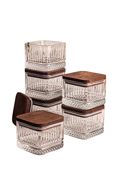 Veliday Sahra 6'lı Ahşap Vakumlu Kapaklı Cam Kahvaltılık Çok Amaçlı Cam Çerez...