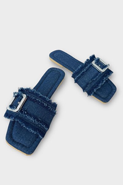 Liger Papuci de damă din denim cu cataramă cu ciucuri ALBASTRU ÎNCHIS