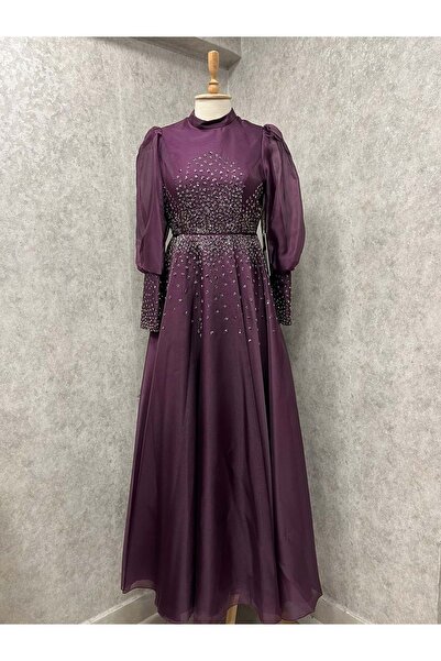 Famelin 24Y639 ABİYE ELBİSE BALON KOL KOL UÇLARI TAŞLI MOR