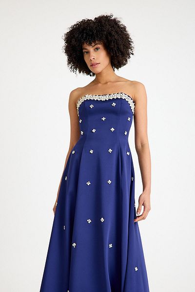SpringStore Navy Blue Strapless Satin Evening Dress with Stone Embroidered Collar