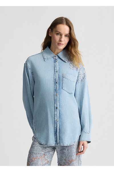 Liu Jo Women's Shirt Collar Shoulder Part Stone Embroidered Long Sleeve Denim Fabric Navy Blue Shirt Ua5128D4851-78826