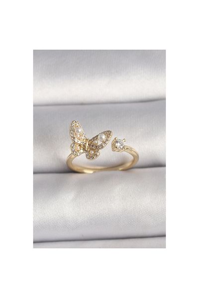 Marsilyan Brass Gold Color Zircon Stone Butterfly Model Pearl Detail Adjustable Ring - Tj-Byk3533