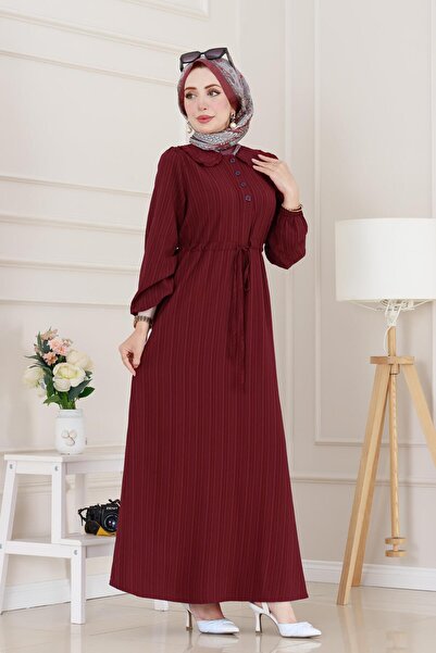 Sevitli Guipure Nova Dress with Collar-Burgundy