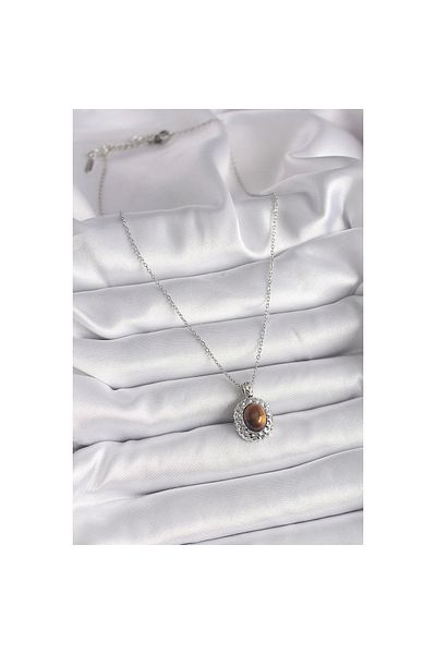 Marsilyan 316L Steel Silver Color Chain Amber Bead Model Women's Necklace - Tj-Bko9491