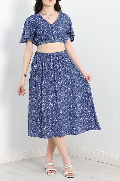 sharin Women's Summer V Neck Crop Double Skirt Blouse Floral Print Suit 3C-2322